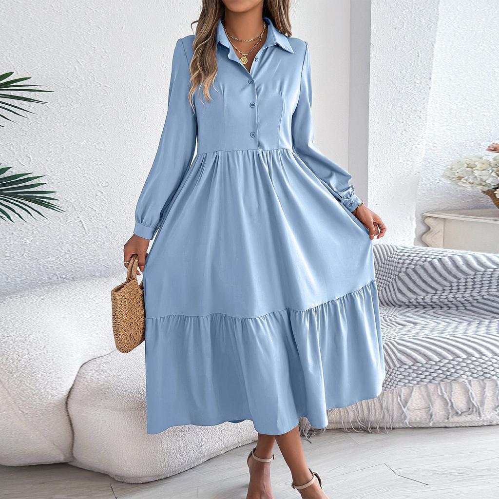 Women's Fashionable Color Lapel Button Casual Loose Long Sleeved Shirt Dress