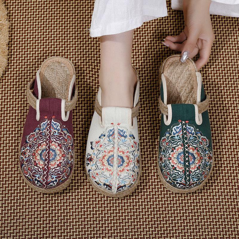 Summer new bag head half slippers women can wear ethnic style embroidered cool slippers flat heel thick sole linen lazy shoes
