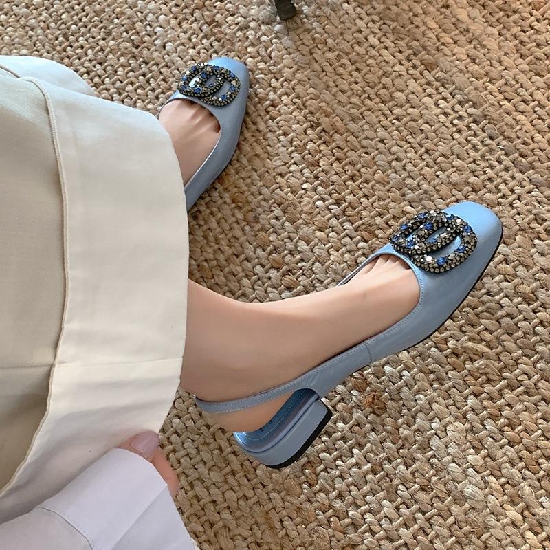 Leather shallow mouth low heel rhinestone sandals women's spring 2025 new bag head back empty word with sandals
