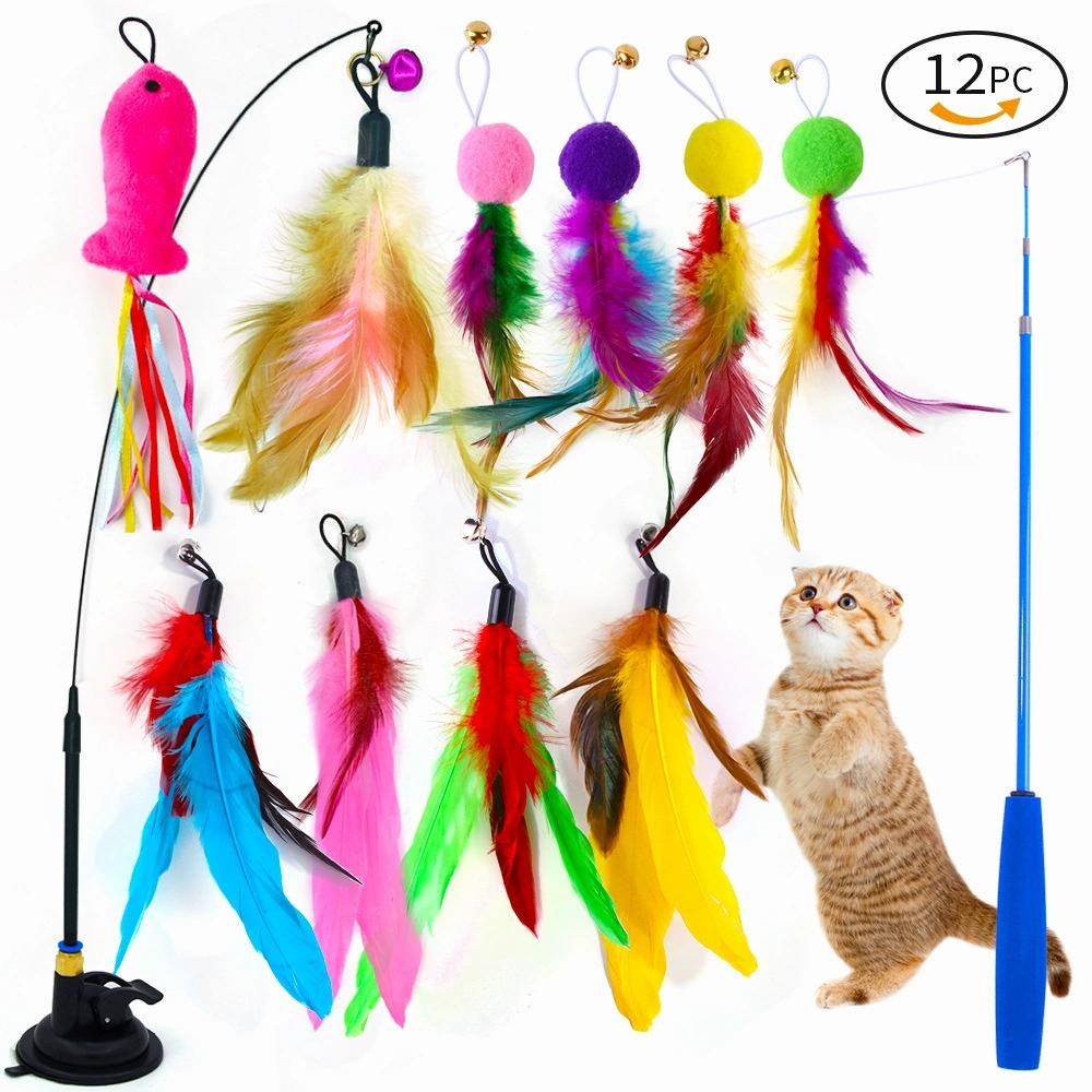 12 Pack Interactive Cat Toy Handfree Cat Stick Playing Kitten Playing Teaser Wand Toy Suction Cup Bird/Feather Cat Wand Toys Set