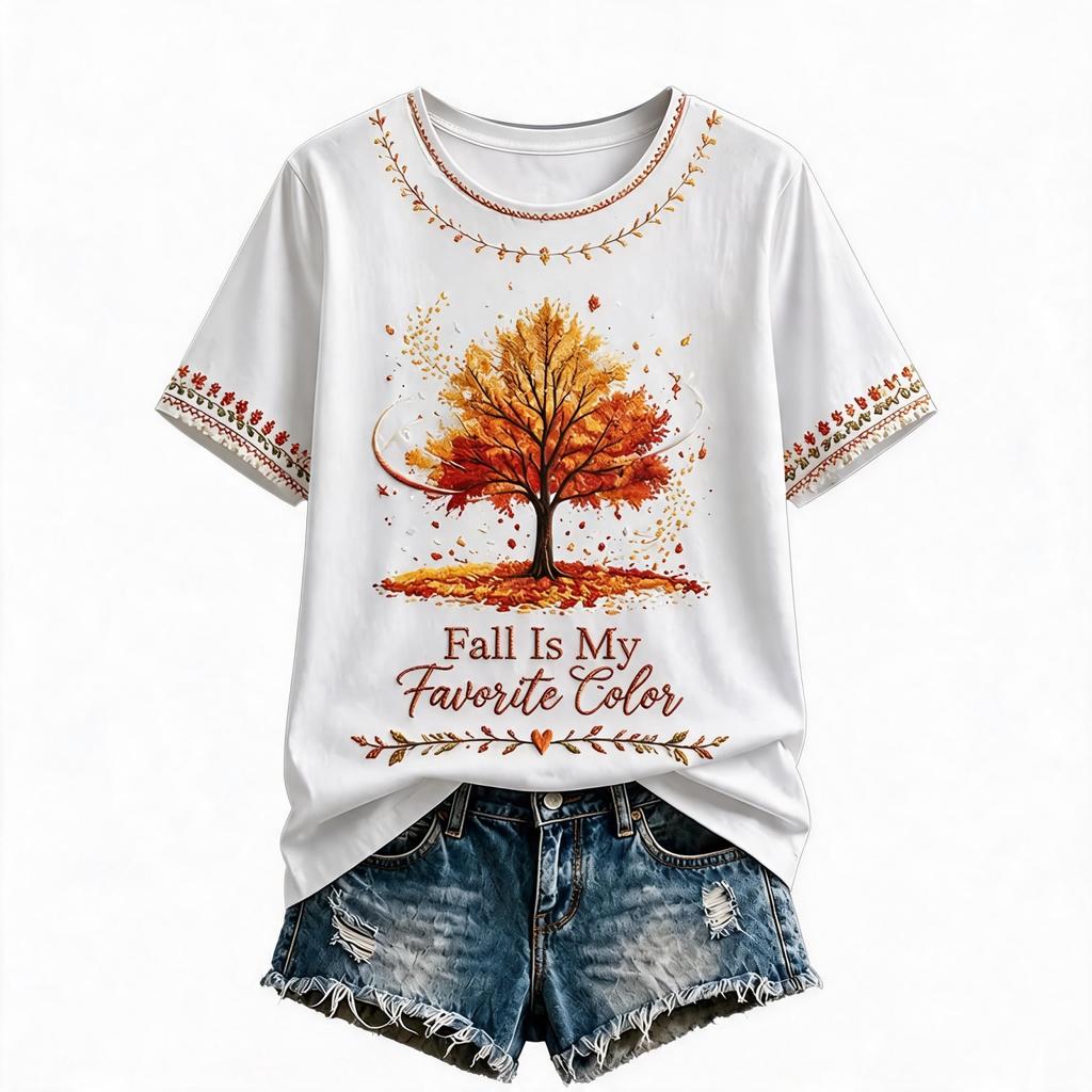 Women's Maple Leaf Print Short Sleeve T-Shirt for Fall
