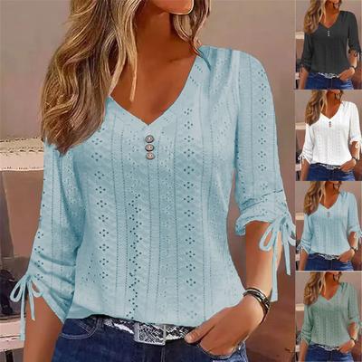 Women's Solid V-Neck Jacquard Button-Down Long Sleeve T-Shirt Clothes Sale