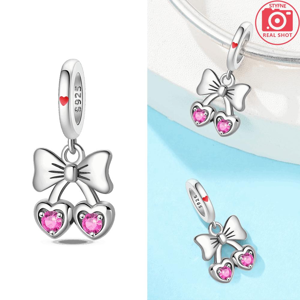 Women Pendant Original Copper Pink Heart Love Bow Rose Flower Charms Bead Fit Bracelet Jewelry Diy Accessory Girlfriend Gift