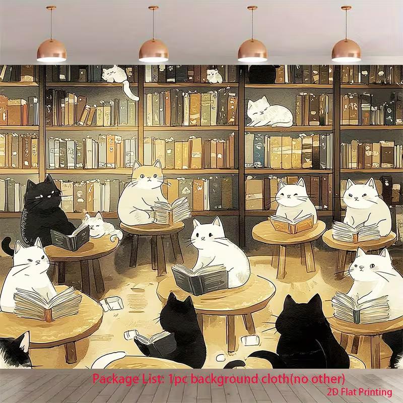 

2D Bookstore Kittens Backdrop Cloth, Black & White Cat Study Room Background 47.2x31.5inch/120*80cm
