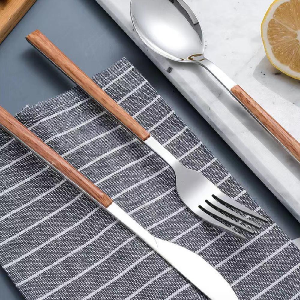Kreativní nerezová lžíce vidlička nůž přenosná zesílená sada příborů s dřevodekorem západní nádobí dezertní lžíce
