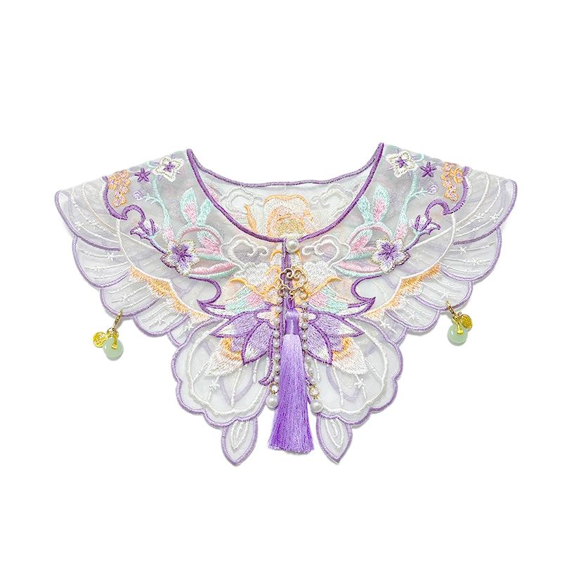 Haustier-Hanfu-Accessoires im Wolkenstil - Katzen-Schal, Stickerei im antiken Stil, Perlenquasten, Hundebib, Halsband, Lila Schmetterling