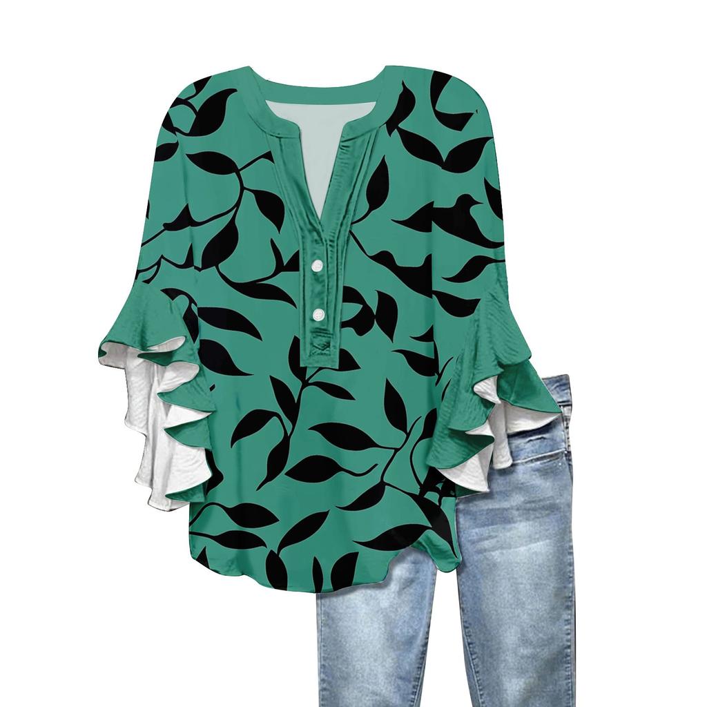Women's Summer Tops V Neck Three-quarter Sleeves Floral Print Flowing Ruffle Sleeves Half-button Shirt
