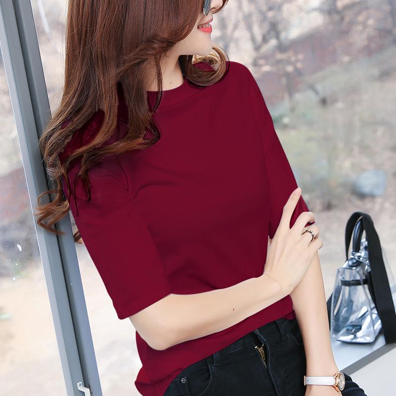 Women's Pure Cotton Three-Quarter Sleeve Slim Fit Mock Neck T-Shirt for Spring and Autumn 2022
