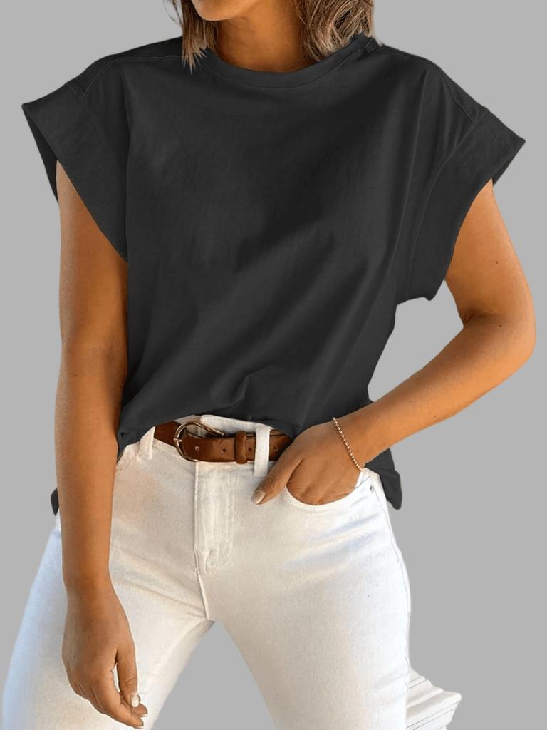 Women's Loose Basic Cap Sleeve T-Shirt Crew Neck Figure Friendly Summer Casual Top
