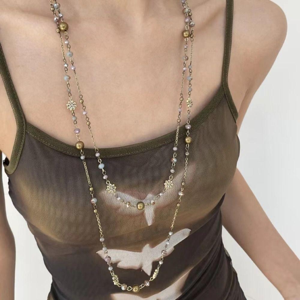 Long Flower Necklace Beaded Geometric Necklace Fashion Sweater Chain
