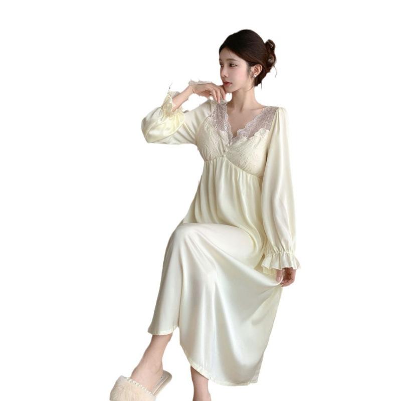 New spring and autumn palace-style nightdresses, long women's ice silk nightgowns, sweet and pure long-sleeve vintage loungewear