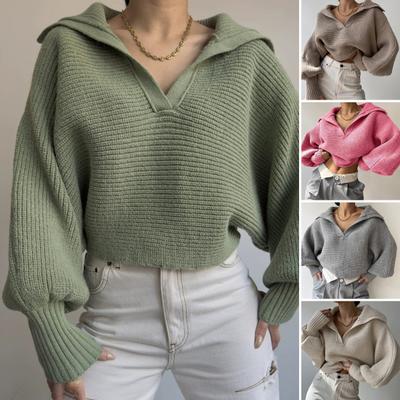 Women Knitting Tops Lapel V-Neck Long Sleeve Solid Color Sweater Loose