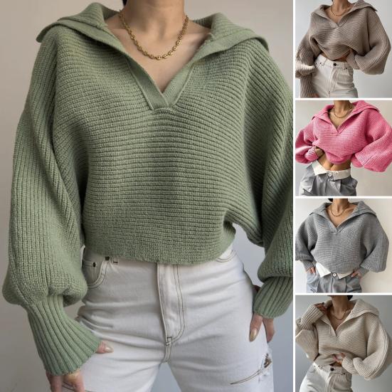 Women Knitting Tops Lapel V-Neck Long Sleeve Solid Color Sweater Loose Fit Warm Knitting Tops Knitwear