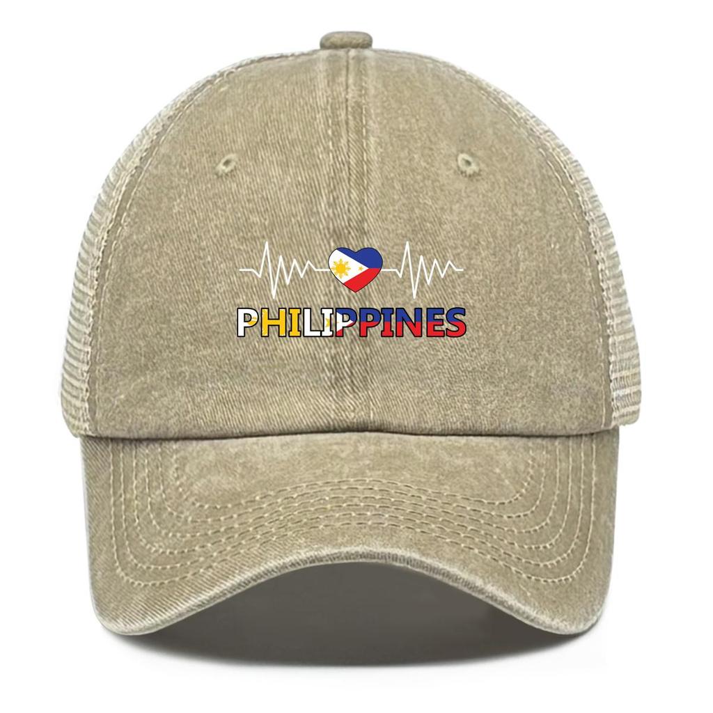 Heart Waves Philippine Flag Print Adjustable Mesh Cap, Patriotic Flat Cap Stylish Vintage-Inspired Polyester Slouchy Snapback Sun Hat