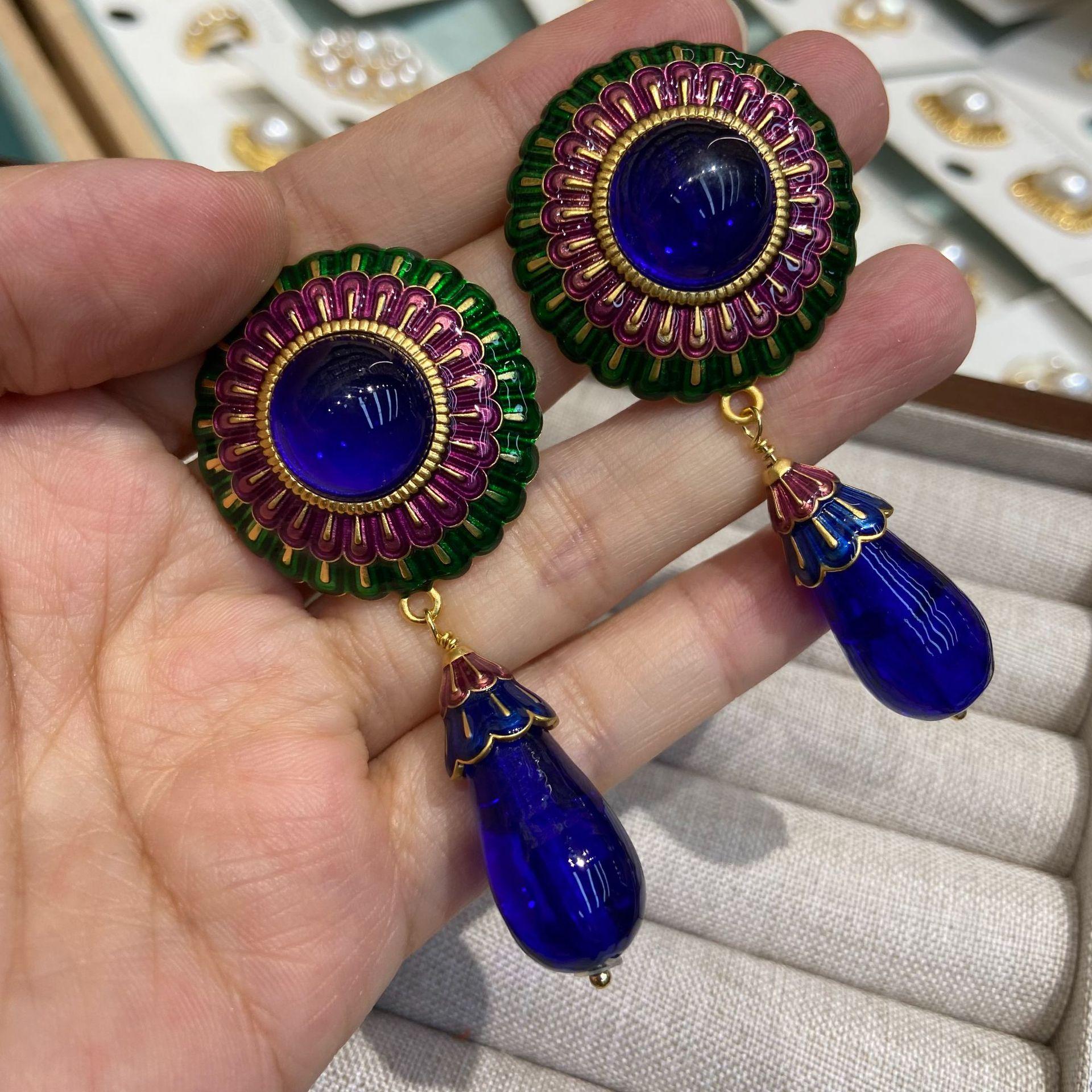 

Wran Medieval Vintage Sapphire Earrings Women S Tassel Water Drop Enamel Color Court Style Stud Earrings