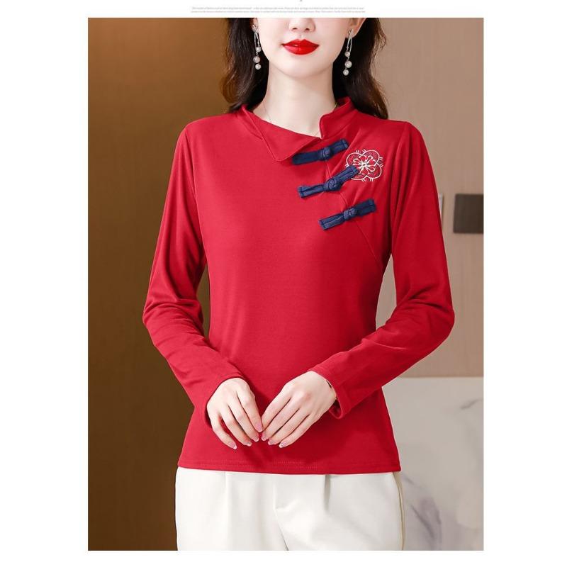 T-shirt étranger pour femme, Robe d'automne, Haut de mère chinoise, Style national, Sous-vêtement à manches longues, Boucle en velours
