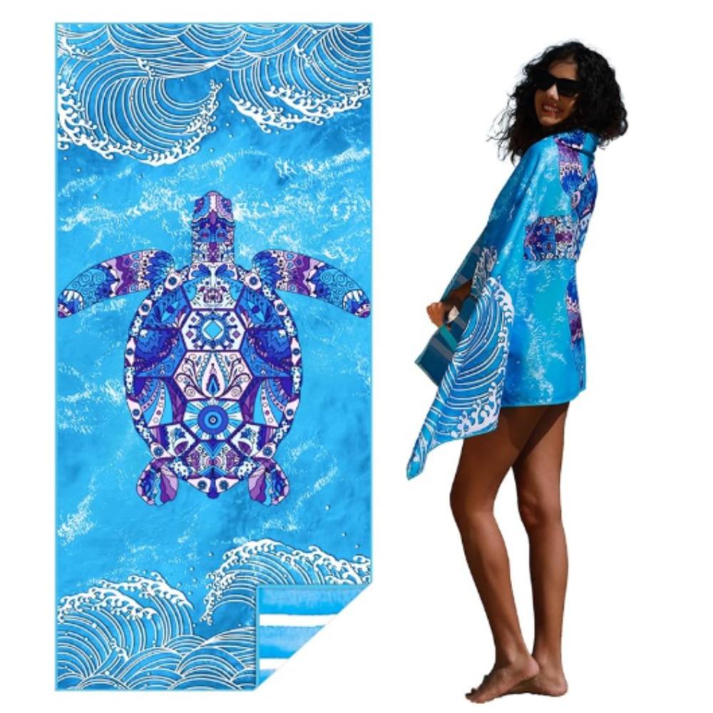 Boho Blue Wave Art Beach Towel, Quick Dry Soft Cotton, Zentangle Ocean Wave Design for Summer Pool Use Towels Bathroom
