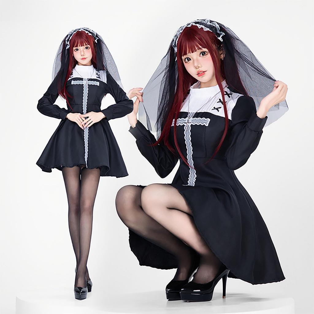 Milky Time Gothic Lolita Dress, Black, Long Sleeves, Maid/Sister Cosplay Costume, Women's, Halloween (XL)