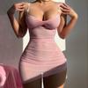 Womens Lace Mesh Sheer Sleepwear Set With Pearl Strap Cami Thong Panty Pink S M L XL