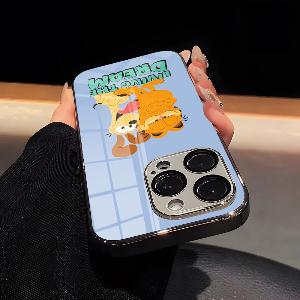 G-Garfield Phone Case Luxury Glass Phone Case For IPhone 17 16 15 14 13 12 11 Pro Max Plating Frame Cover