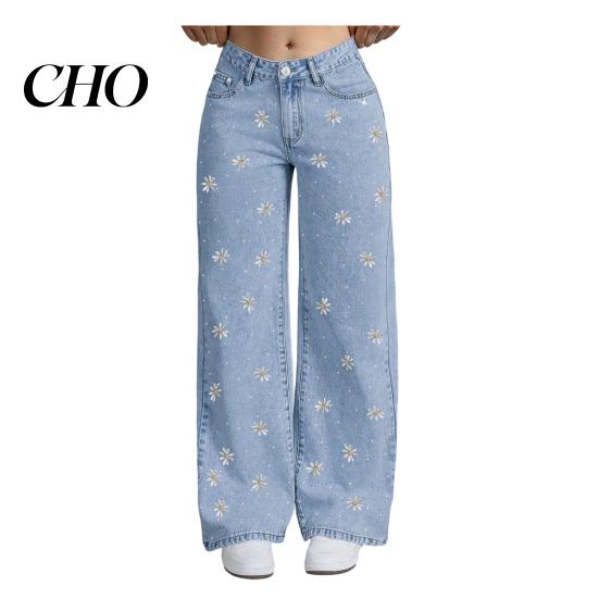 Stretchy Slim Jeans Girl's Bow Cherry Print Baggy Jeans, Wide Leg Mid Waisted Denim Pants for Women Pants, Zipper Fly Elastic Casual Streetwear