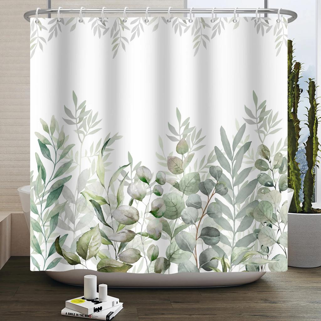 Watercolor Green Leaf Shower Curtain for Bathroom Vines Plant Nordic Minimalist Polyester Botanic Curtain for Home Hotel 180x2