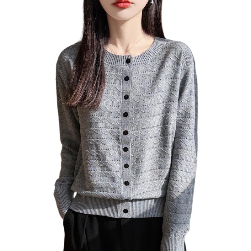 Women's Loose Solid Color Hollow Knit Wool Cardigan - Round Neck, Long Sleeve, Casual Jacket for Spring & Autumn