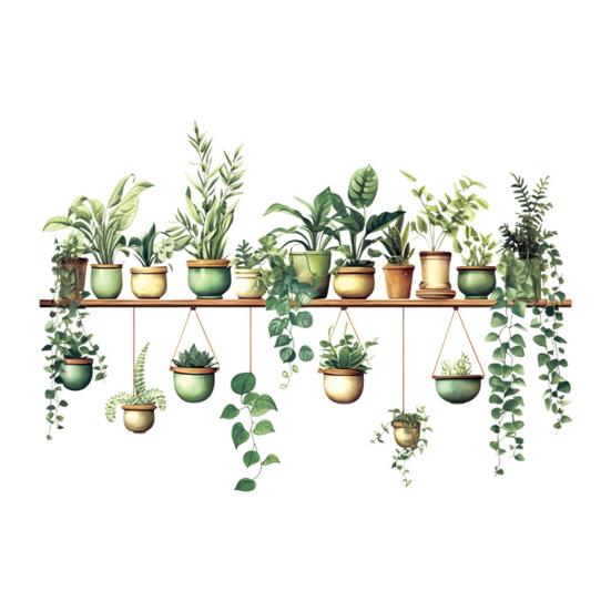 Potted Green Plant Shelf Wall Decal Tropical Plants Green Leaves Wall Stickers Removable Wall Art Murals for Living Room Bedroom Kitchen Office