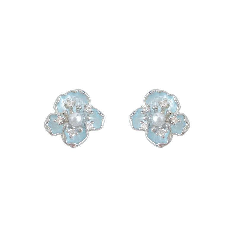 Sweet Blue Floral Enamel Stud Earrings – Korean Style Fashion for Women