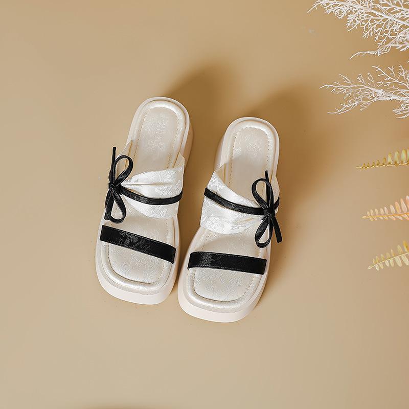 

National style thick-bottomed cool slippers set toe fashion one-word slippers fairy style bow color matching heightening retro sandals 40