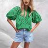 Top Estivo da Donna Moda Casual Manica a Lanterna Scollo a V Bottoni Ricamo Intrecciato in Pizzo Camicia