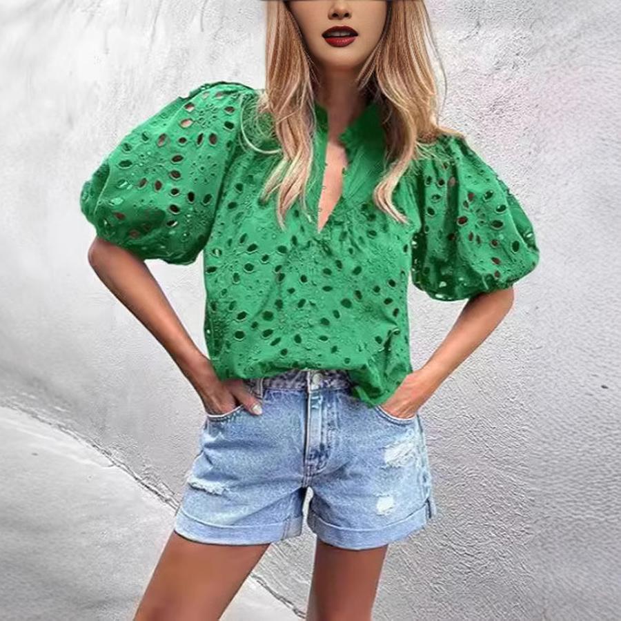 Top Estivo da Donna Moda Casual Manica a Lanterna Scollo a V Bottoni Ricamo Intrecciato in Pizzo Camicia