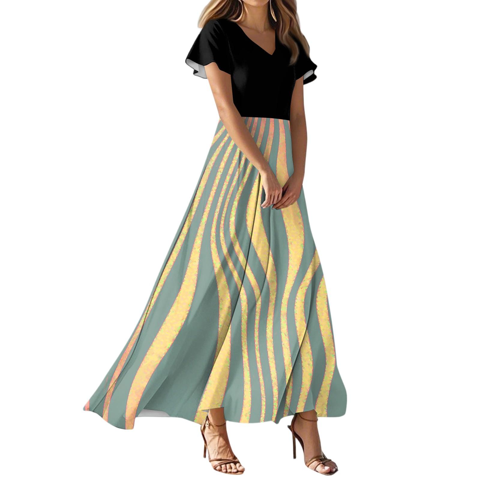 

Женское летнее повседневное модное полосатое принтованное платье с V-образным вырезом и коротким рукавом XS