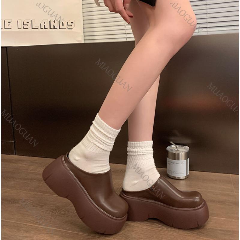 Pantoufles d'été à semelle épaisse rehaussante pour femmes, printemps automne, à porter à l'extérieur, talon haut, bout fermé, demi-pantoufles décontractées marron noir, mules, claquettes