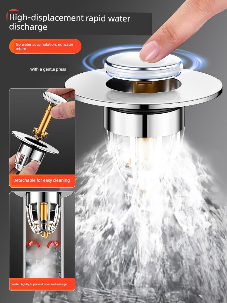 Sink Drain Plug with Pop-Up Core, Universal Press-Type Anti-Odor Drain Accessory for Washbasin and Sink