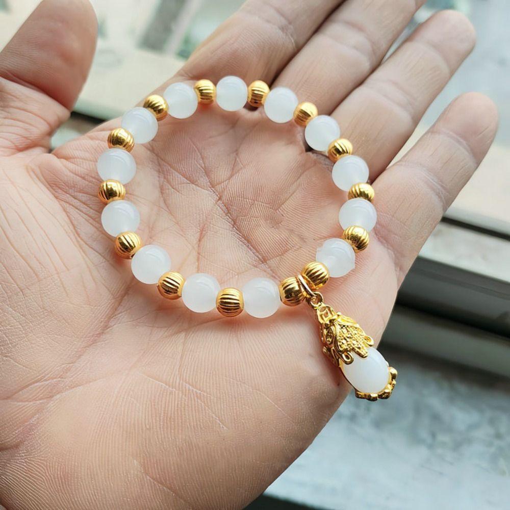 Vintage Imitation Marble Stone Bracelet Chinese Style Beaded Bangles Pixiu Pendant Bracelet  Gifts