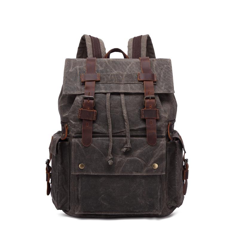 Zaino in Tela Cerata da Uomo - Zaino Impermeabile da Viaggio all'Aperto con Pelle Crazy Horse, Borsa Resistente Vintage a Doppia Tracolla 5358#