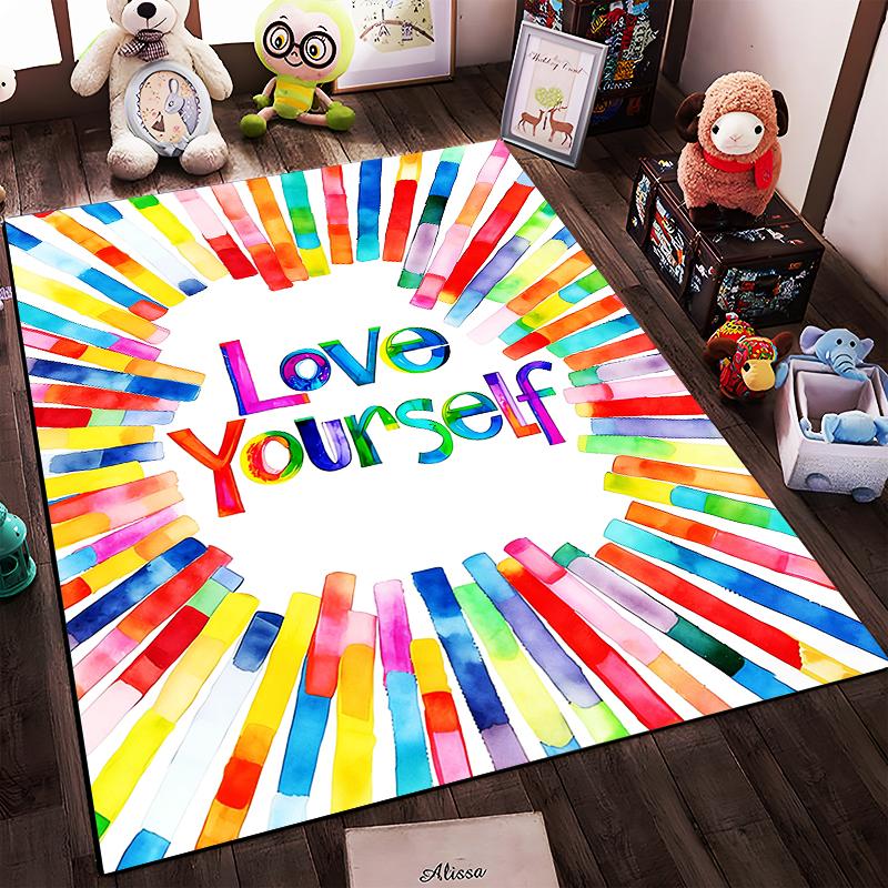 Colorful "Love Yourself" Inspirational Carpet with Multicolor Stripes Design Suitable for Use As an Anti-slip for Living Room Bedroom Sofas