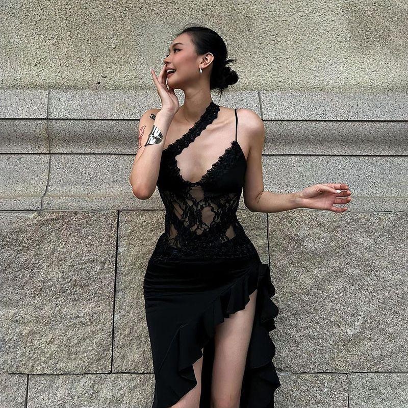 

# Sisjuly# Dark Series Night Club Style Asymmetrical Niche Style Lace Hollow Sexy Sexy Sling Dress Women Black S