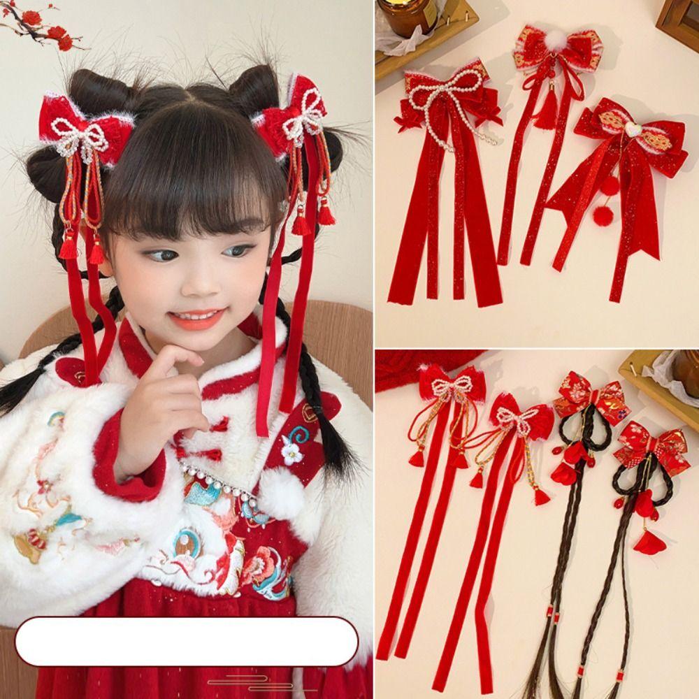 Ribbon Plush Ball Hairpin New Year Princess Forehead Chain Fresh Red Bow Hair Clip Headwear