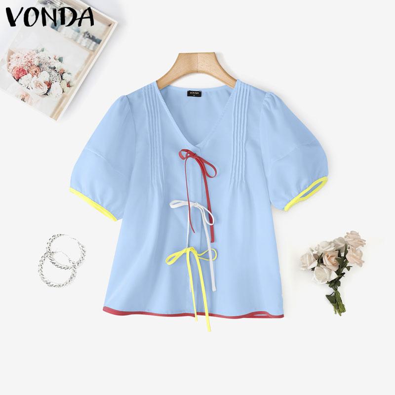 

VONDA Женская летняя блузка с V-образным вырезом, пышными рукавами, декоративной строчкой и бантом, повседневная, милая, короткая S