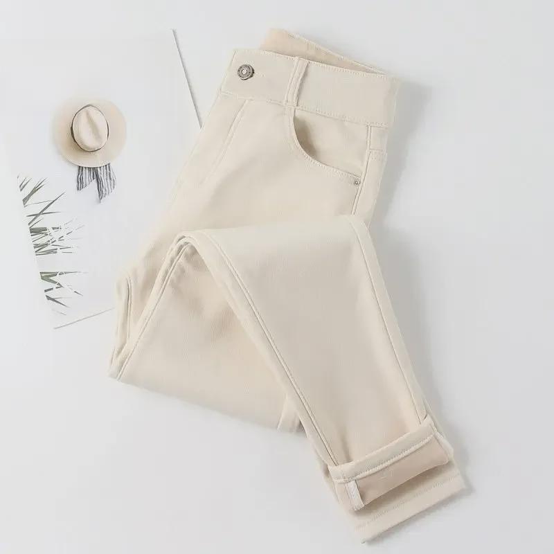 2025 Lente Dames High Waist Fleece-Gevoerd Off-White Harem Jeans
