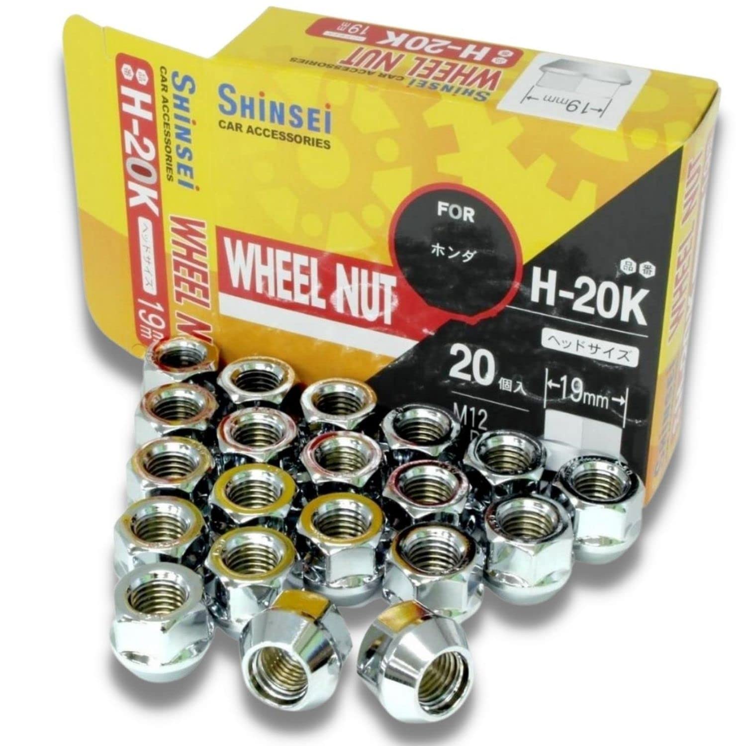 

Shinsei Wheel Nuts, Through-Type, M12 P1.5, 19mm, 20-Pack, Honda H-20K