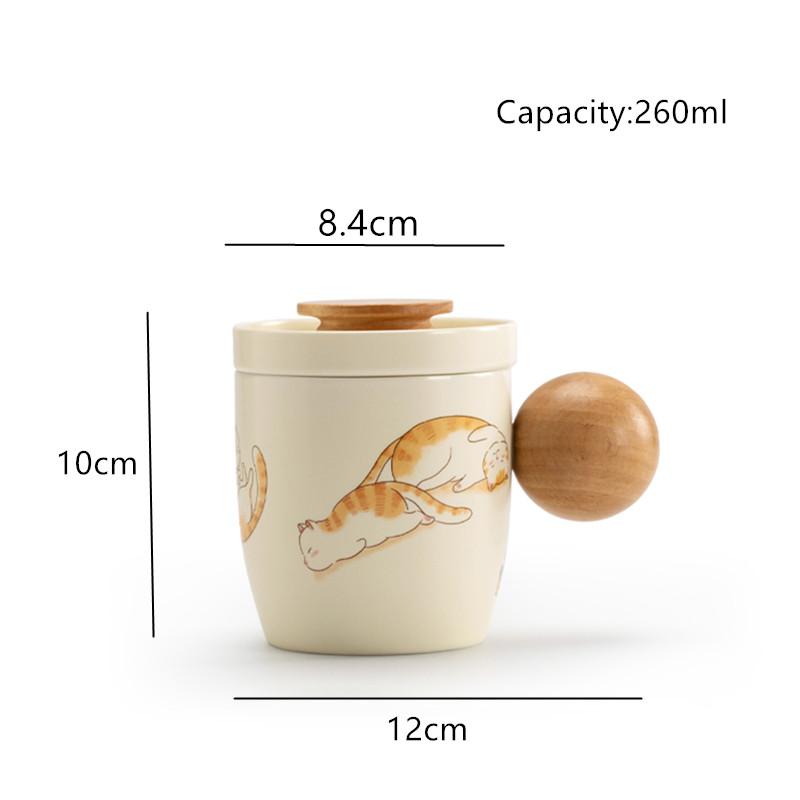 

Chinese Handmade Tea Cup Cute Cat Ceramic Teacup Office Water Mug Solid Wood Handle Tea Water Separation Cup Tea Set 260ml 12x10cm 260ml