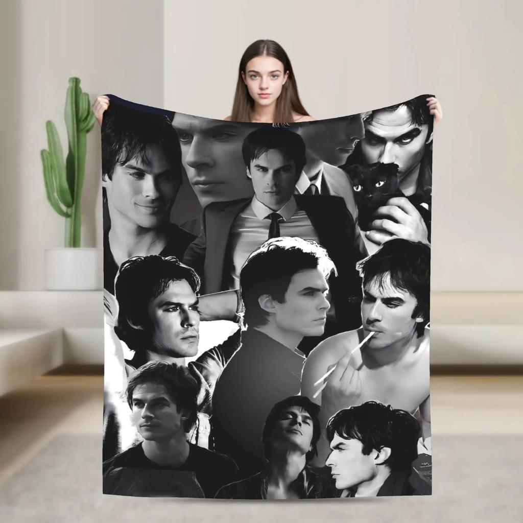The Vampire Diaries Damon Salvatore Coperta Plaid Peluche Super Morbida Flanella Copriletto per Camera da Letto Campeggio Copri Letto