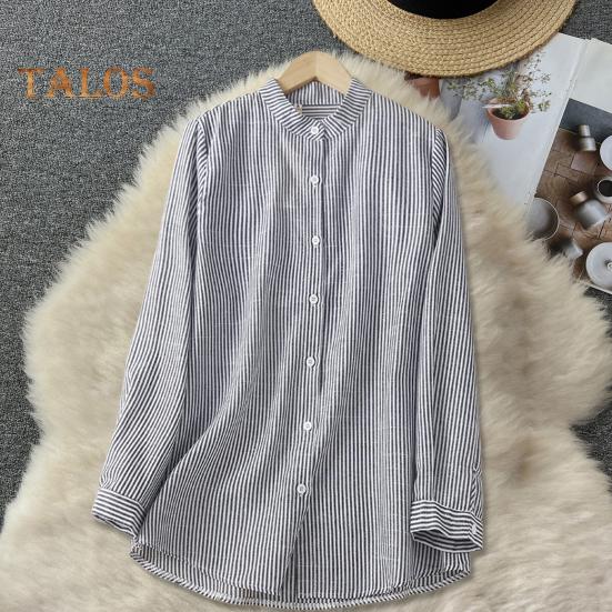 Damen Bluse mit Stehkragen, Langarm, Einreiher, Oberteile, vertikal gestreifter Druck, lockere Passform, Bürodamenbluse