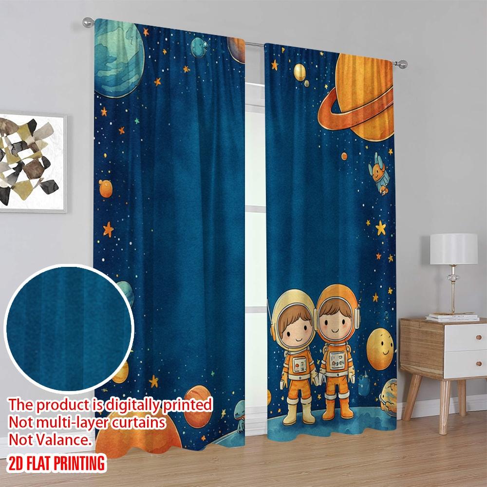 2pcs 2D flat printing Window Treatment Curtains Space Adventure Planet Astronaut Digital Printed Polyester Drapes Seasonal Party