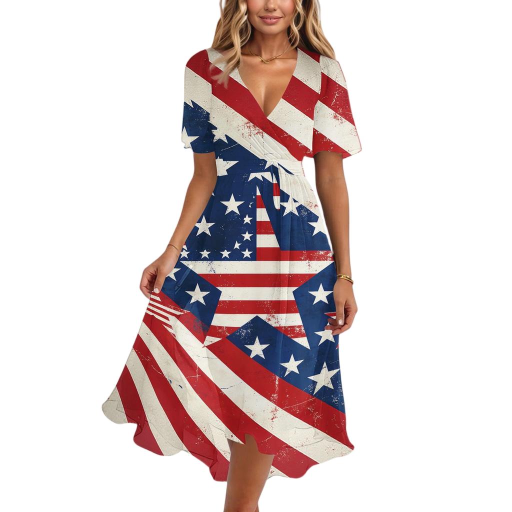 Women’s V Neck Short Sleeve Midi Dress with Star and Stripe Print High Waist Flowy A Line Summer Dress for Casual or Holiday Wear