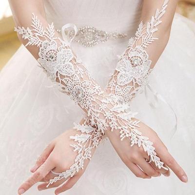 Bridal Wedding Etiquette Gloves Water-Soluble Lace Pattern Diamond Hook Finger Long Gloves