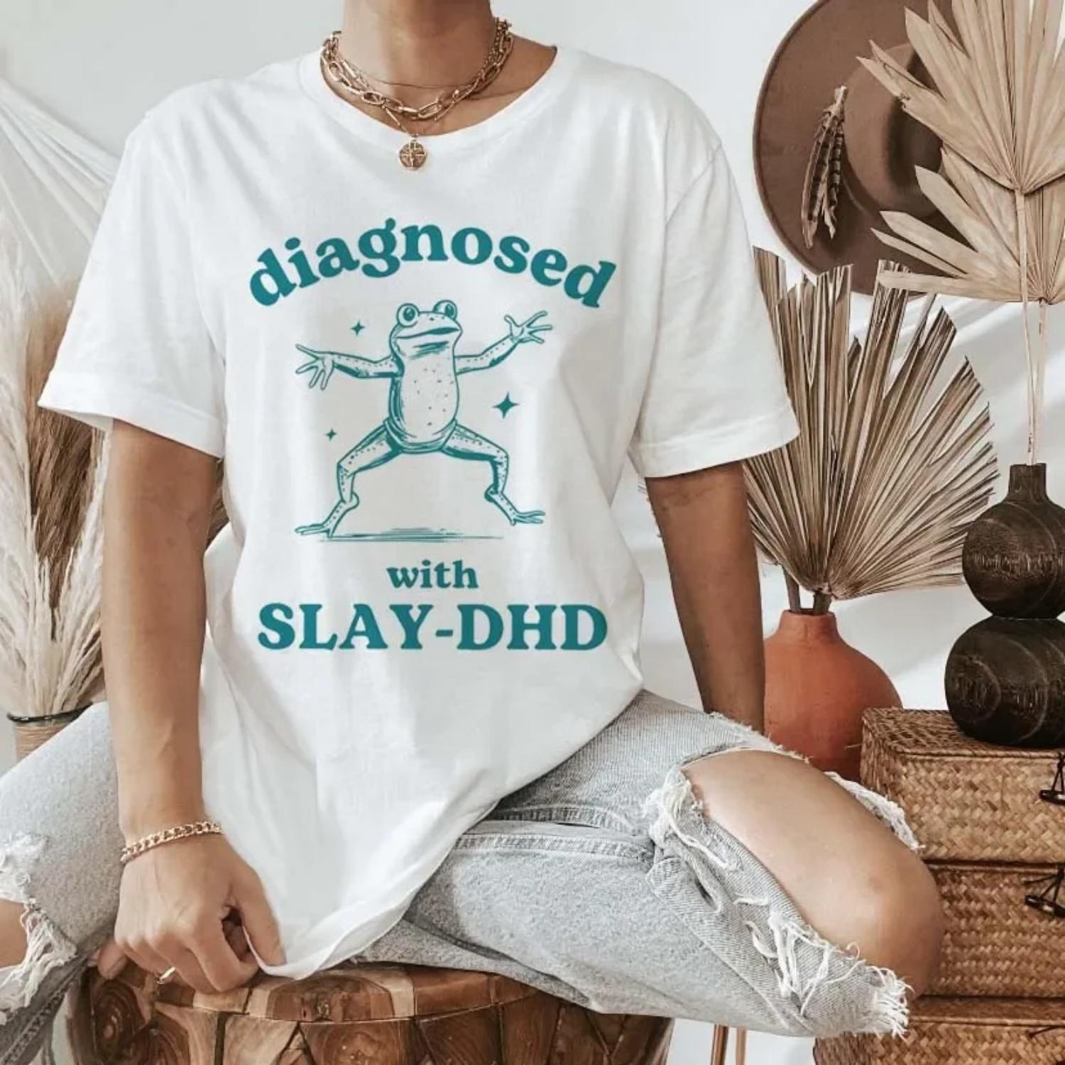 Diagnosed with Slay Dhd Trendy Print Cute T-Shirt Cartoon Pattern Basic O-Neck Summer New T-Shirt Women s Casual Style Clothing S